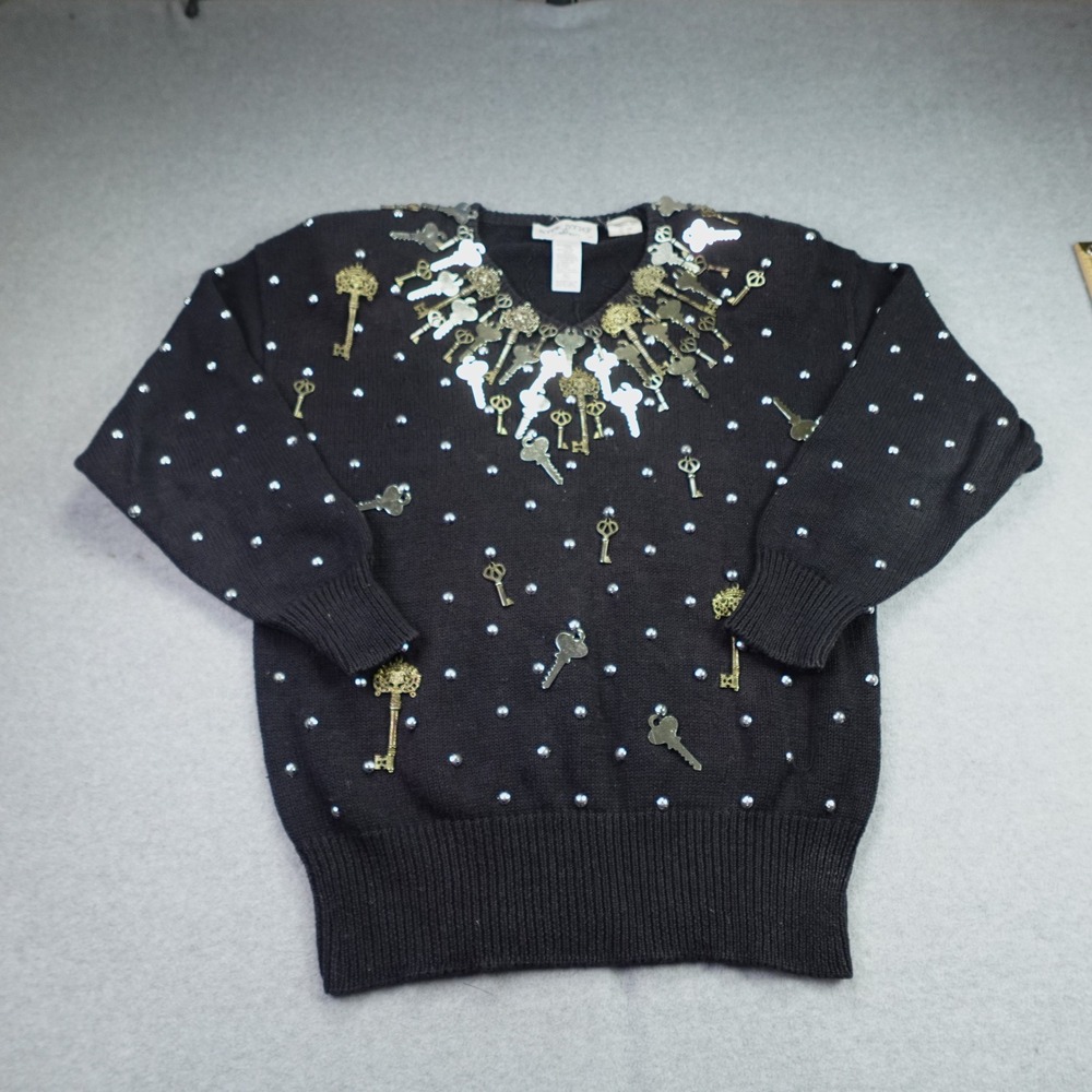 Bonnie Boerer Sweater Womens Small Black Vintage 1988 Key Studded V-Neck Knit